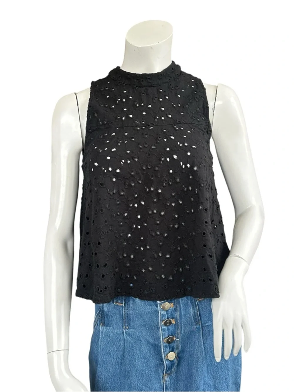 Free People Cupcake Mali Black See Through Eyelet Cropped High Neck Tank XS